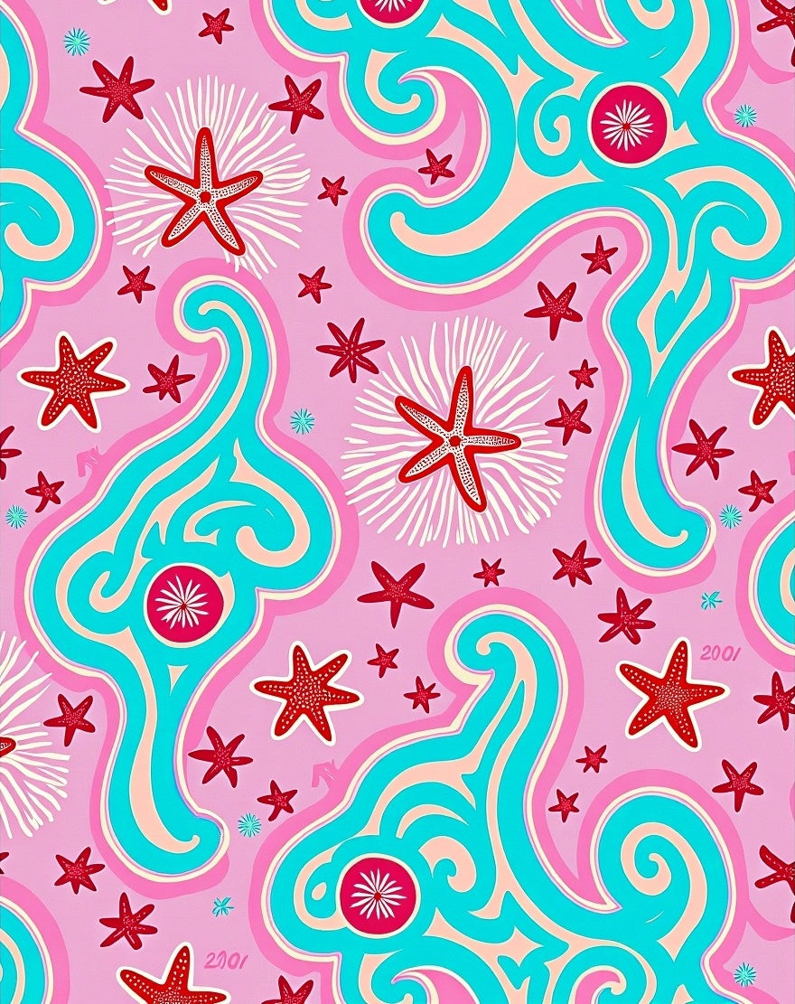 Whimsical Pink Red Starfish Waves Rug