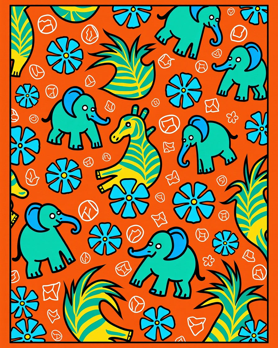 Orange Teal Elephant Jungle Adventure Rug