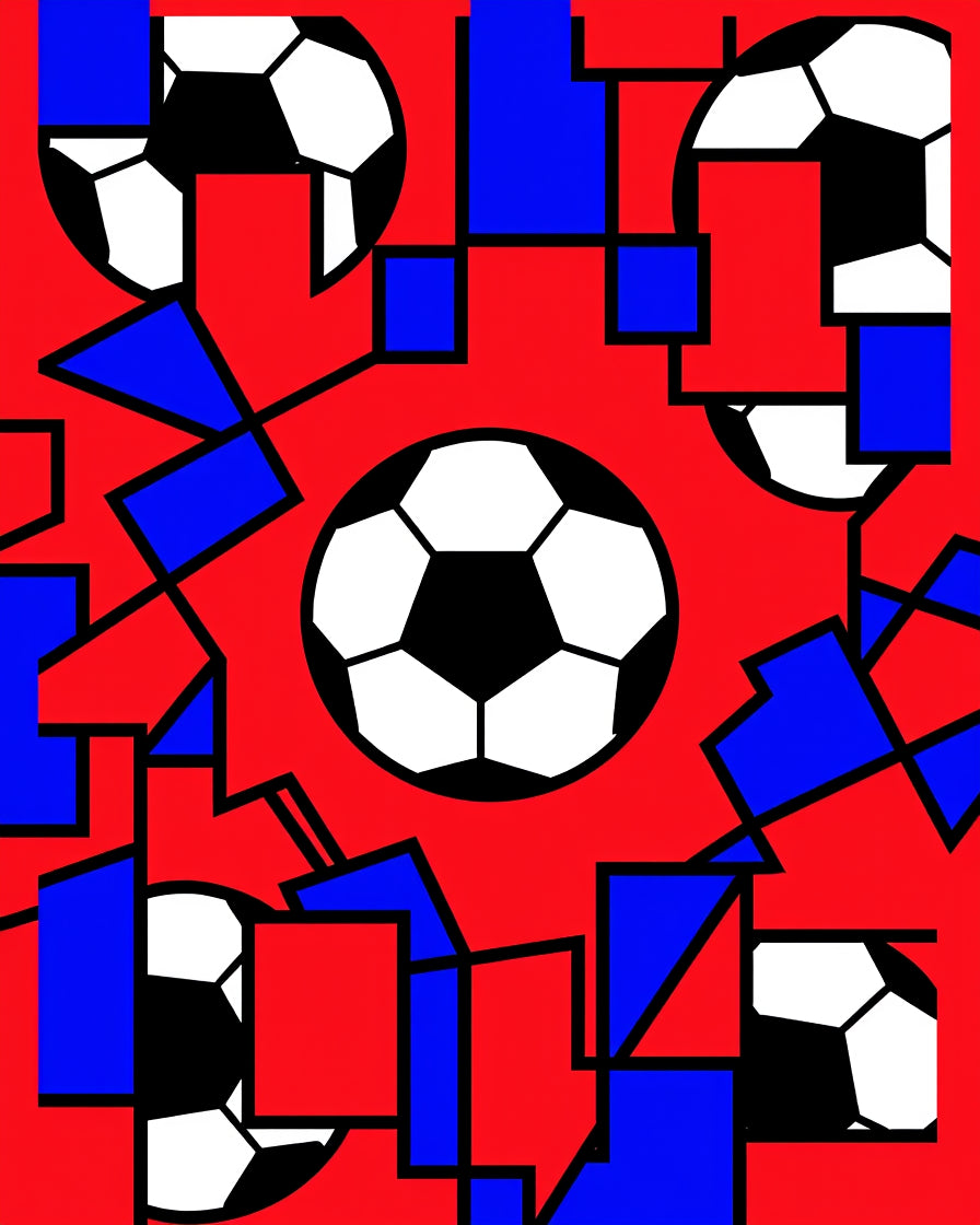 Red Blue Soccer Ball Geometric Collage Rug
