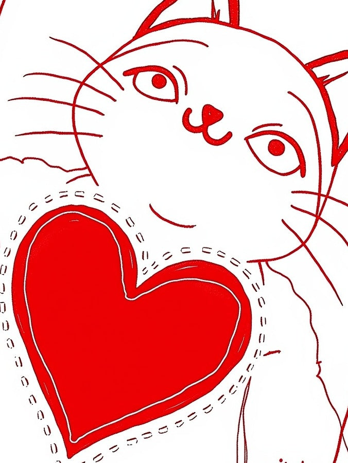 Whimsical Red Heart Cat Illustration Rug