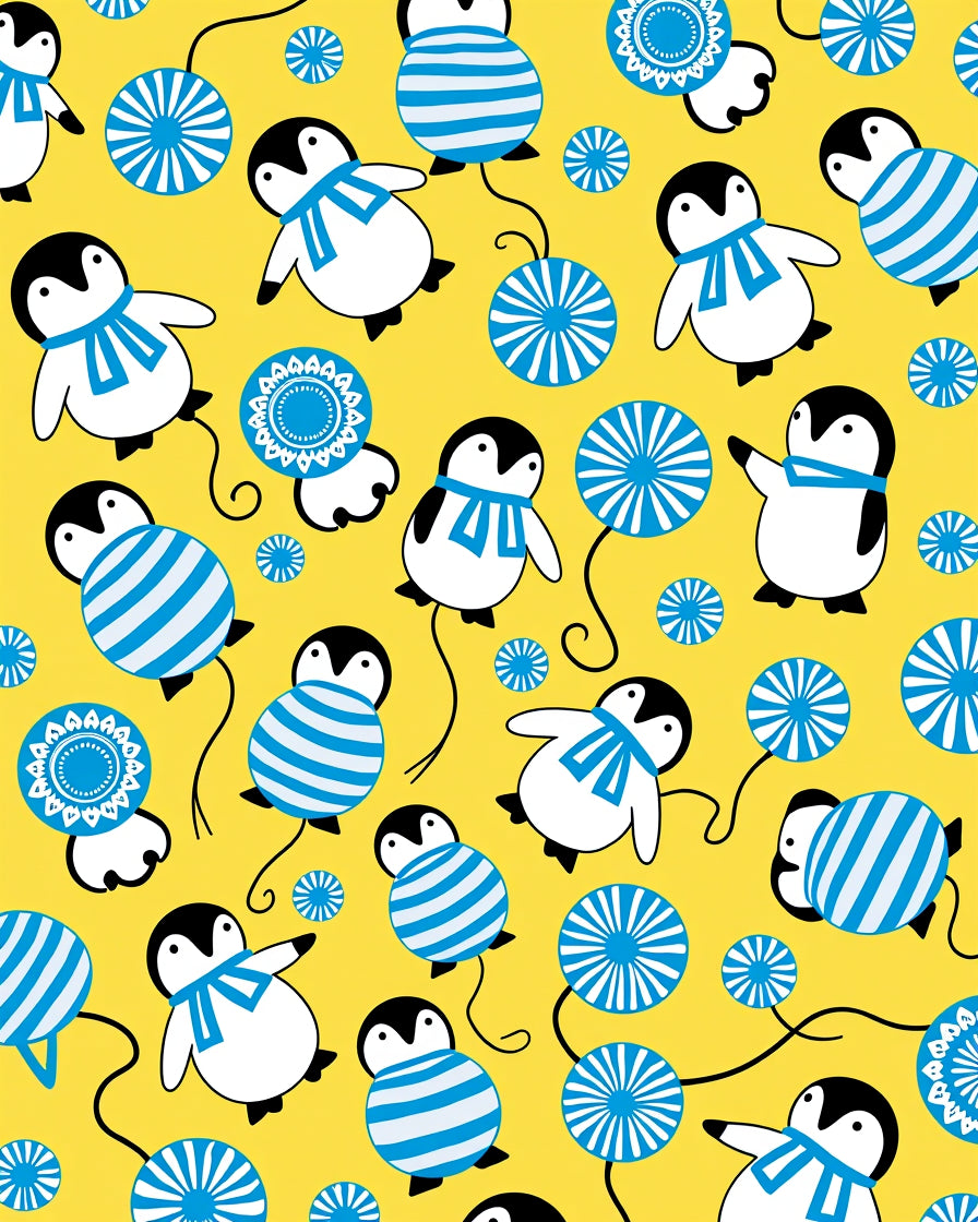 Whimsical Yellow Penguin Blue Scarf Rug