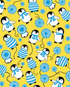 Whimsical Yellow Penguin Blue Scarf Rug
