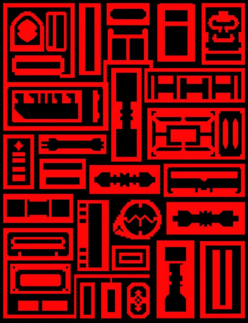 Bold Red Geometric Machine Parts Rug