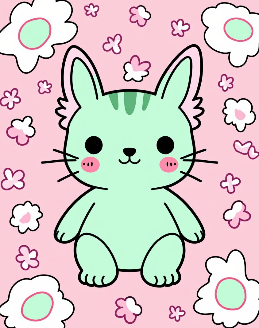 Kawaii Mint Cat Pink Floral Meadow Rug