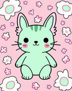 Kawaii Mint Cat Pink Floral Meadow Rug