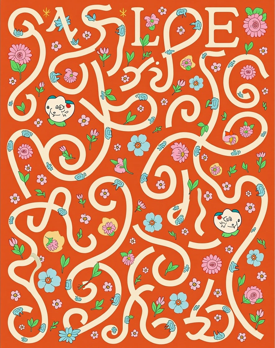 Orange Floral And Whimsical Faces Rug