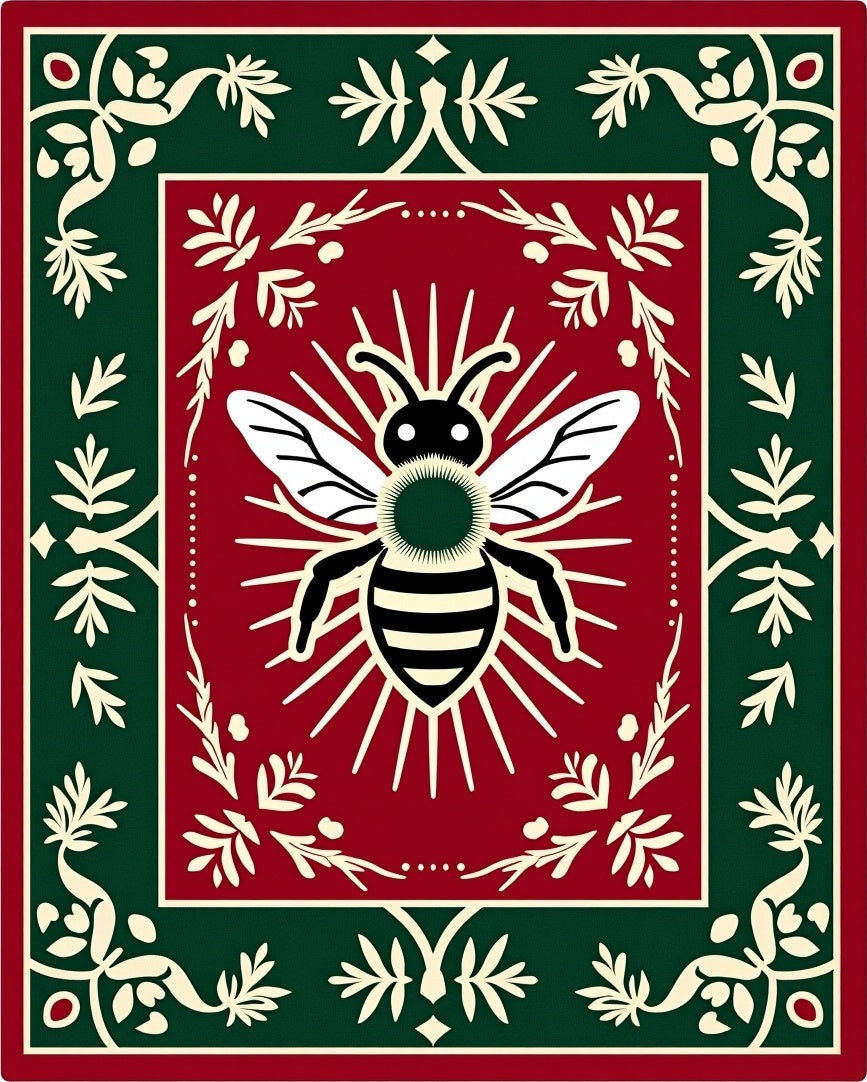 Crimson Green Bee Emblem Frame Rug