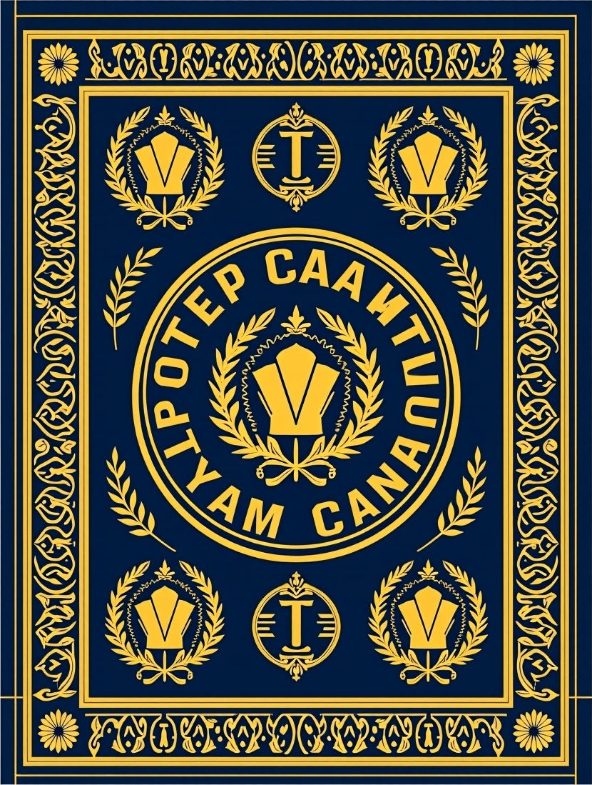 Navy Gold Laurel Emblem Round Rug