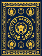 Navy Gold Laurel Emblem Round Rug