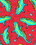 Bright Blue Gecko Red Waves Rug