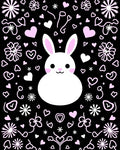 Cute White Bunny Pink Hearts Black Background Rug