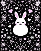 Cute White Bunny Pink Hearts Black Background Rug