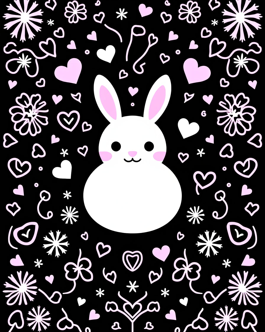 Cute White Bunny Pink Hearts Black Background Rug