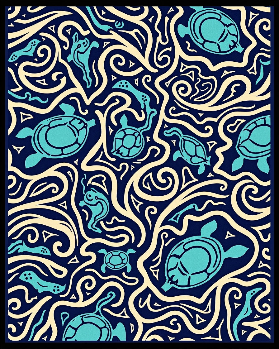 Turquoise Turtle Waves Navy Cream Rug