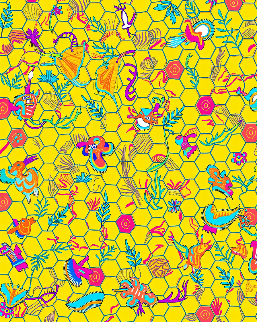 Whimsical Creatures Yellow Hex Garden Rug