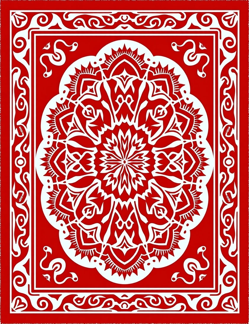 Dramatic Red White Mandala Border Rug