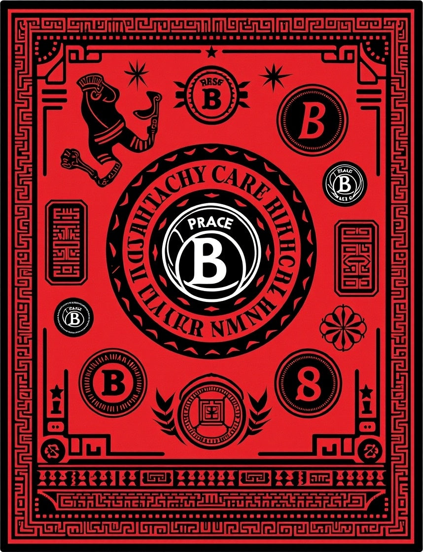 Bold Red Cultural Heraldic Emblem Rug