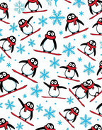 Playful Snowboarding Penguins With Snowflakes Rug