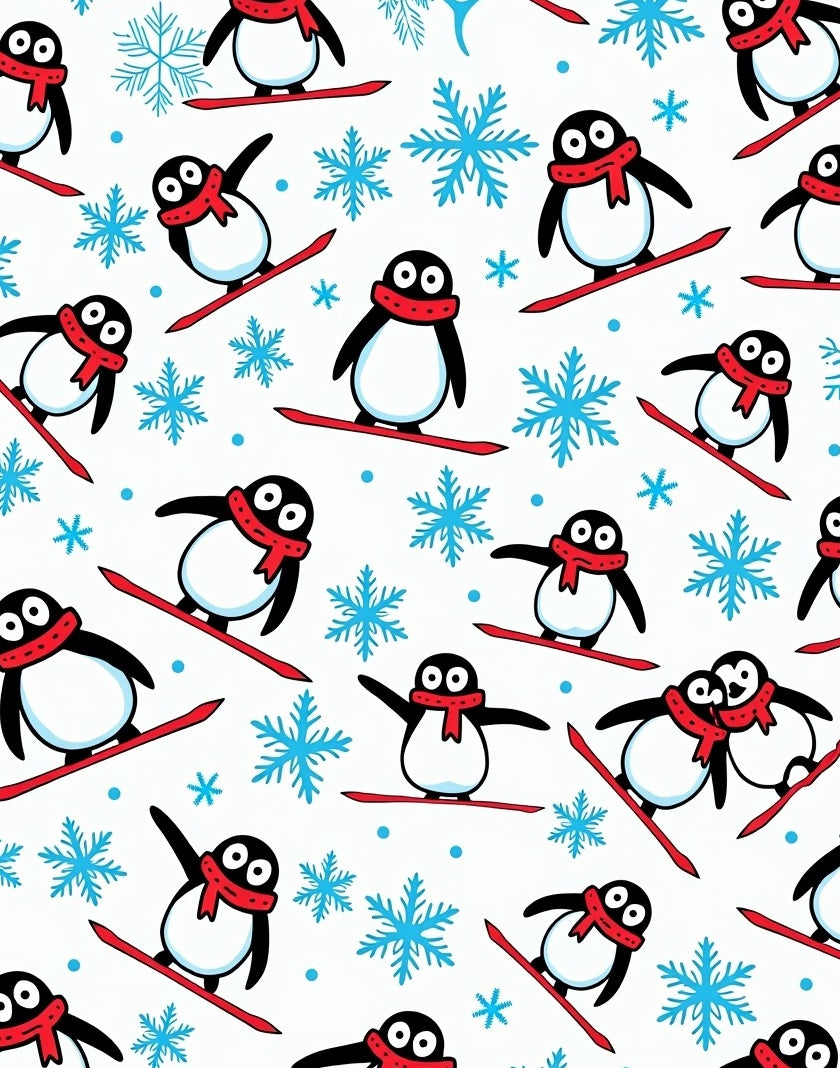 Playful Snowboarding Penguins With Snowflakes Rug