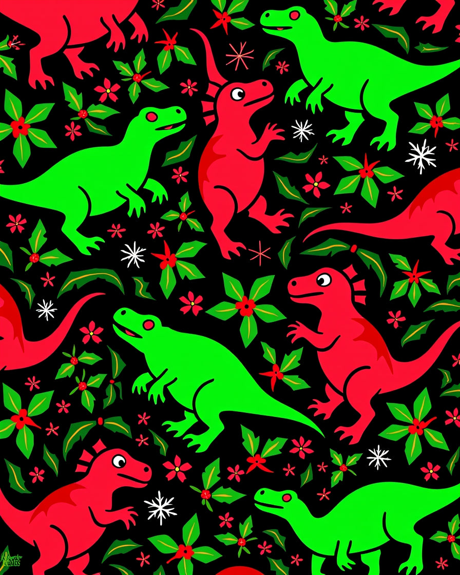 Red Green Dinosaur Poinsettia Holiday Rug