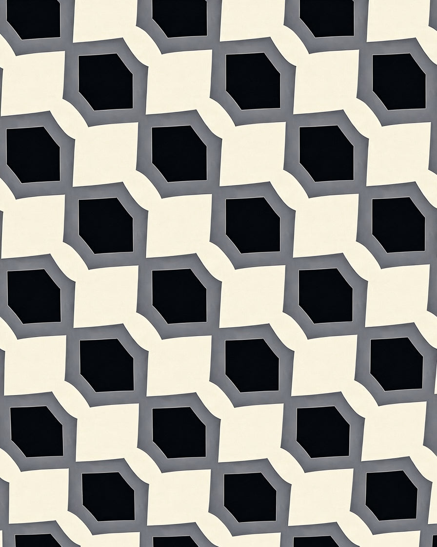 Modern Cream Black Octagon Grid Rug