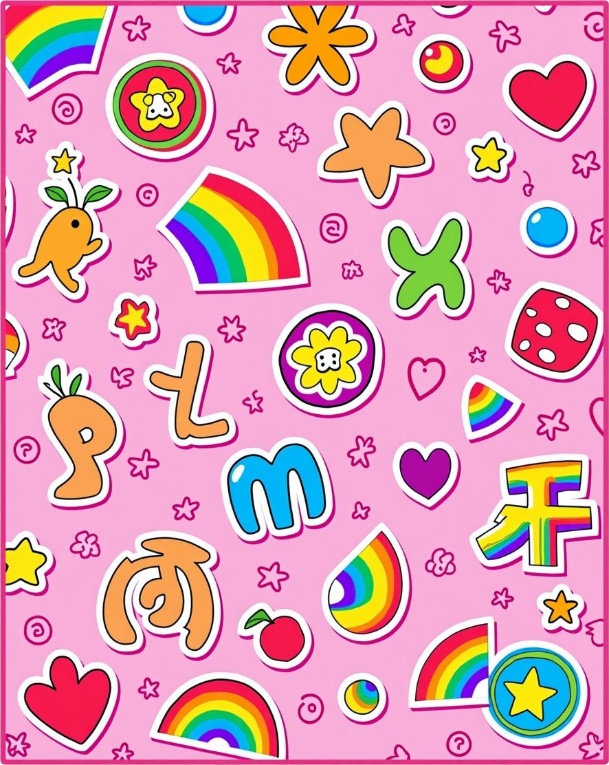 Whimsical Pink Rainbow Character Medley Rug