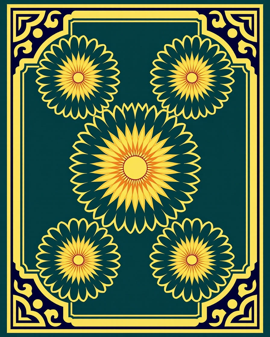 Teal Yellow Sunburst Floral Arrangement Rug