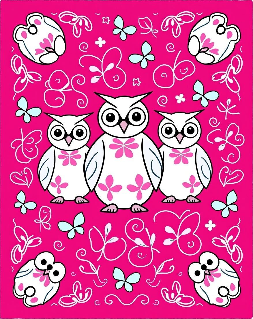 Whimsical Pink Owl Butterfly Gathering Rug