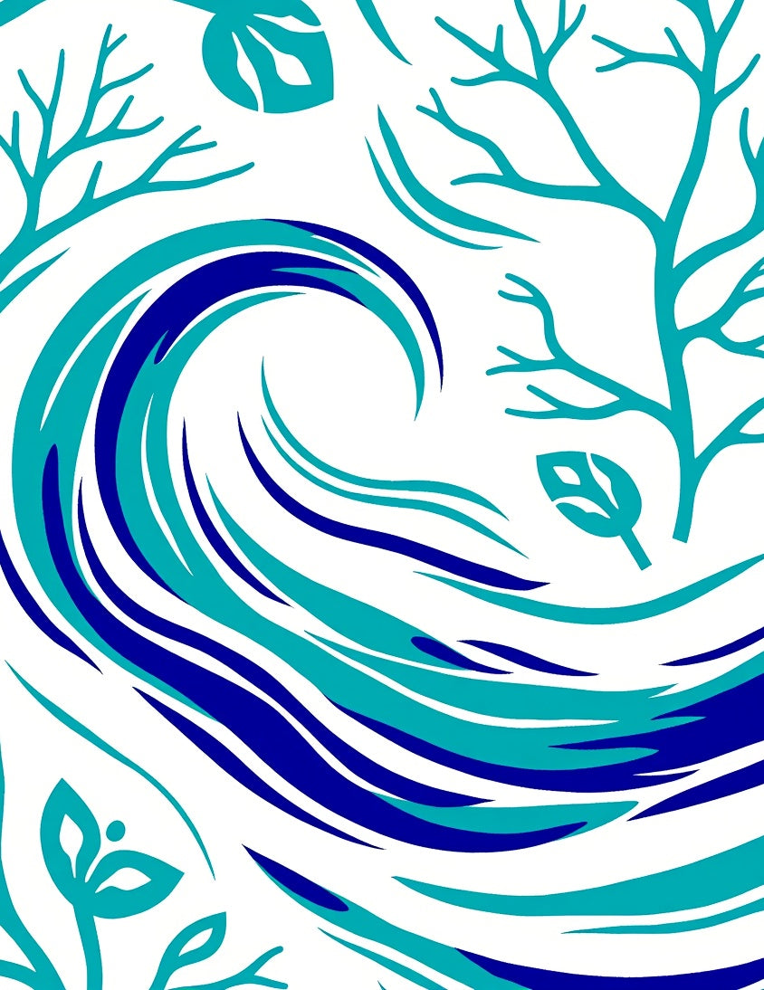Aqua Navy Ocean Wave Foliage Rug