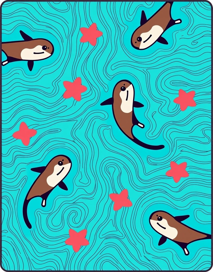 Playful Sea Otters Red Stars Aqua Background Rug