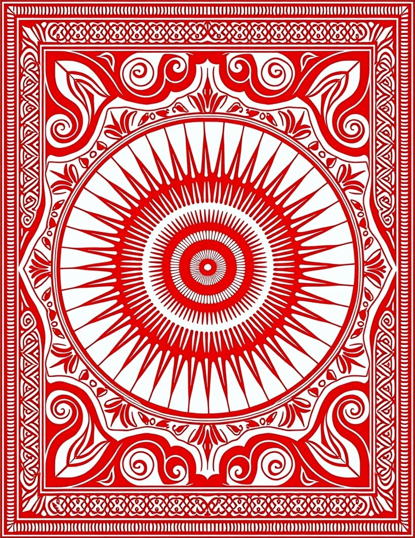 Crimson Sunburst Mandala Border Rug