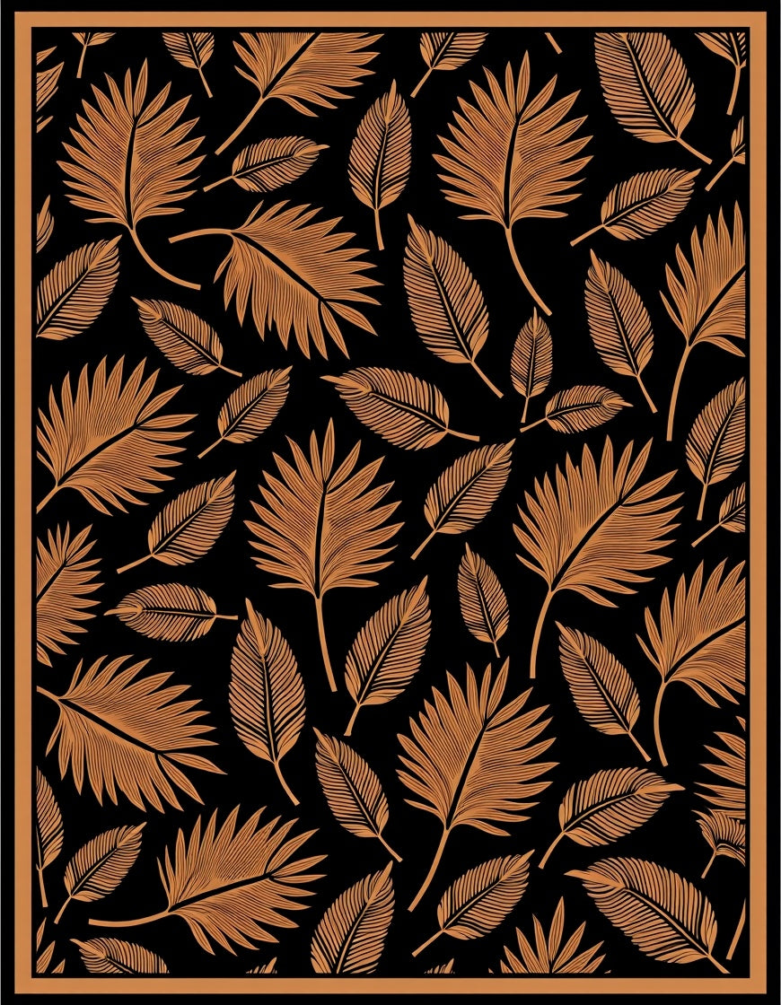 Golden Fern Frond Black Background Rug