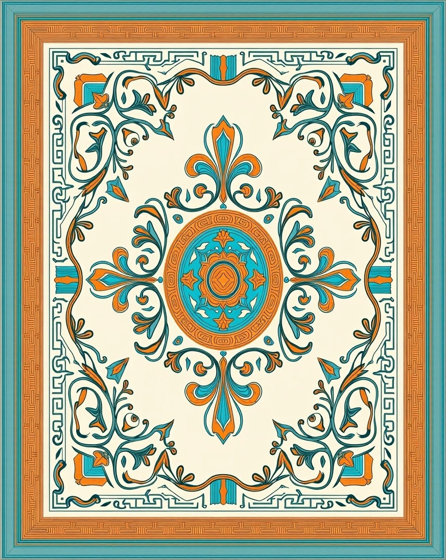 Turquoise Orange Floral Medallion Border Rug