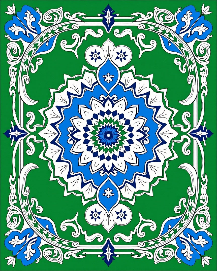 Emerald Green Blue White Medallion Garden Rug
