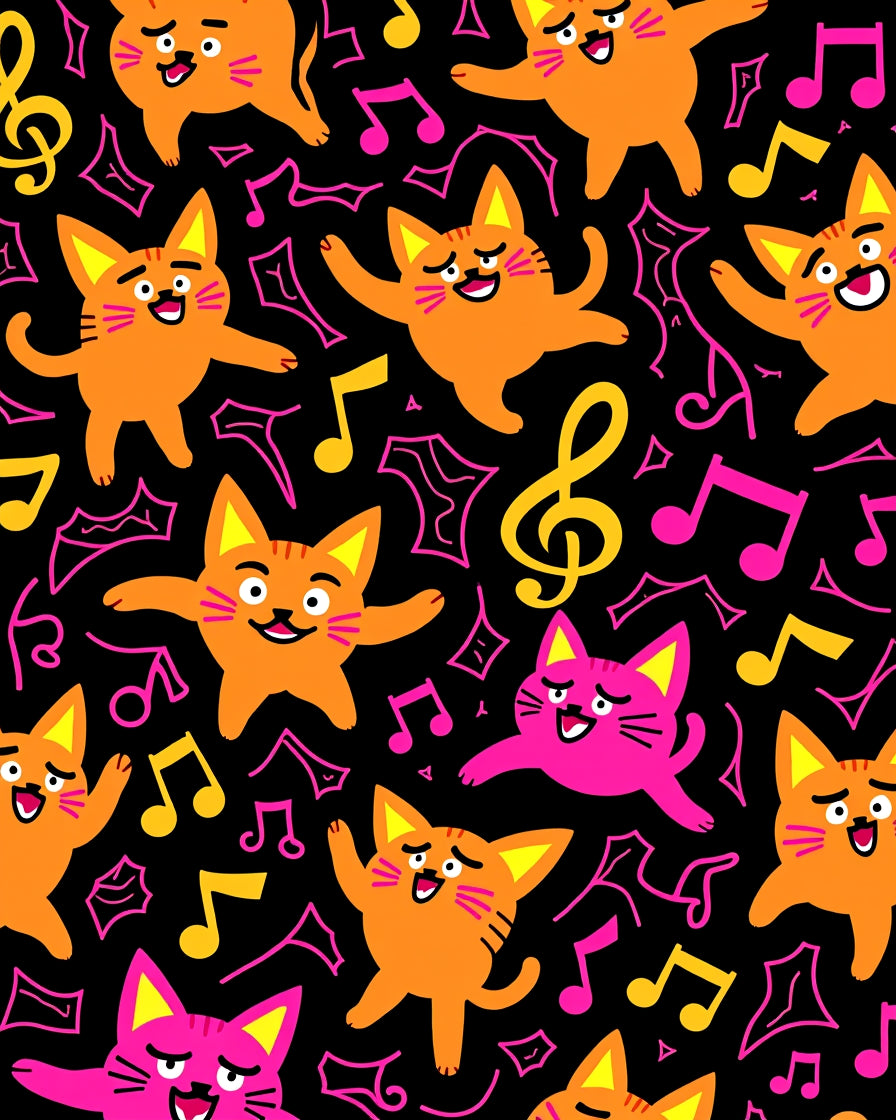 Whimsical Orange Pink Cats Music Notes Rug