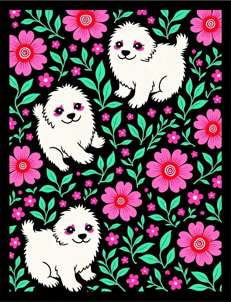Cute White Pups Floral GardenRug Rug
