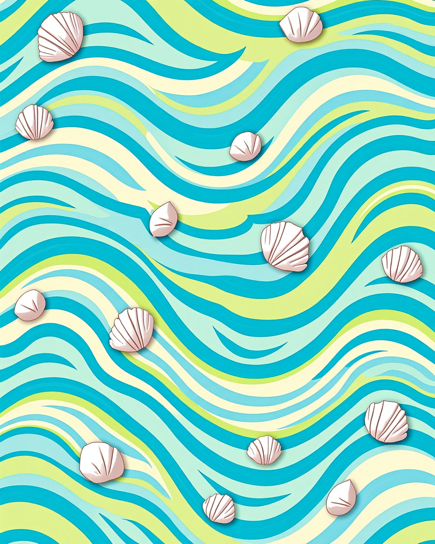 Aqua Teal Cream Seashell Waves Rug