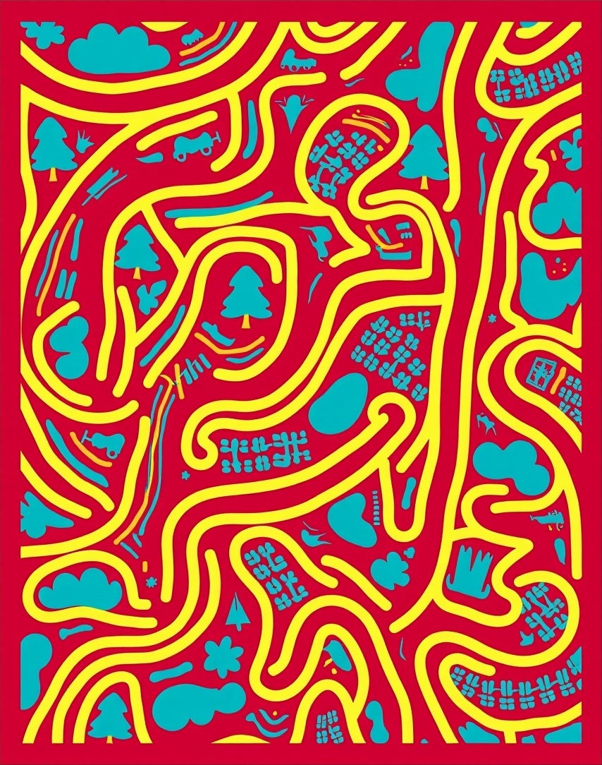 Whimsical Red Yellow Playful Maze Rug