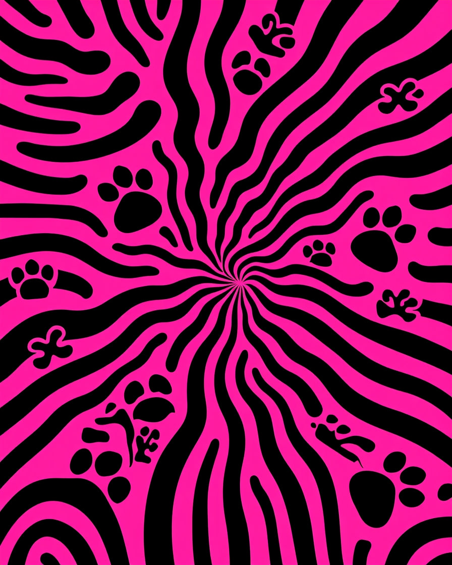 Vibrant Pink Black Paw Swirl Rug