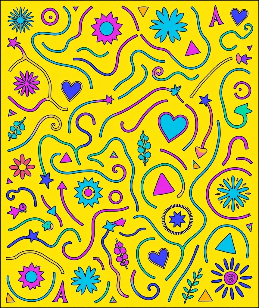 Vibrant Yellow Abstract Hearts Stars Rug
