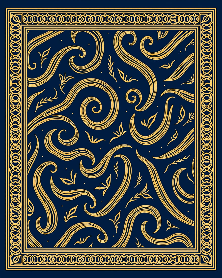 Navy Gold Flowing Swirl Botanical Border Rug