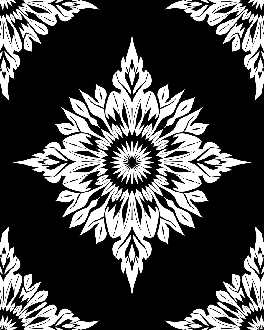 Black White Floral Medallion Art Rug