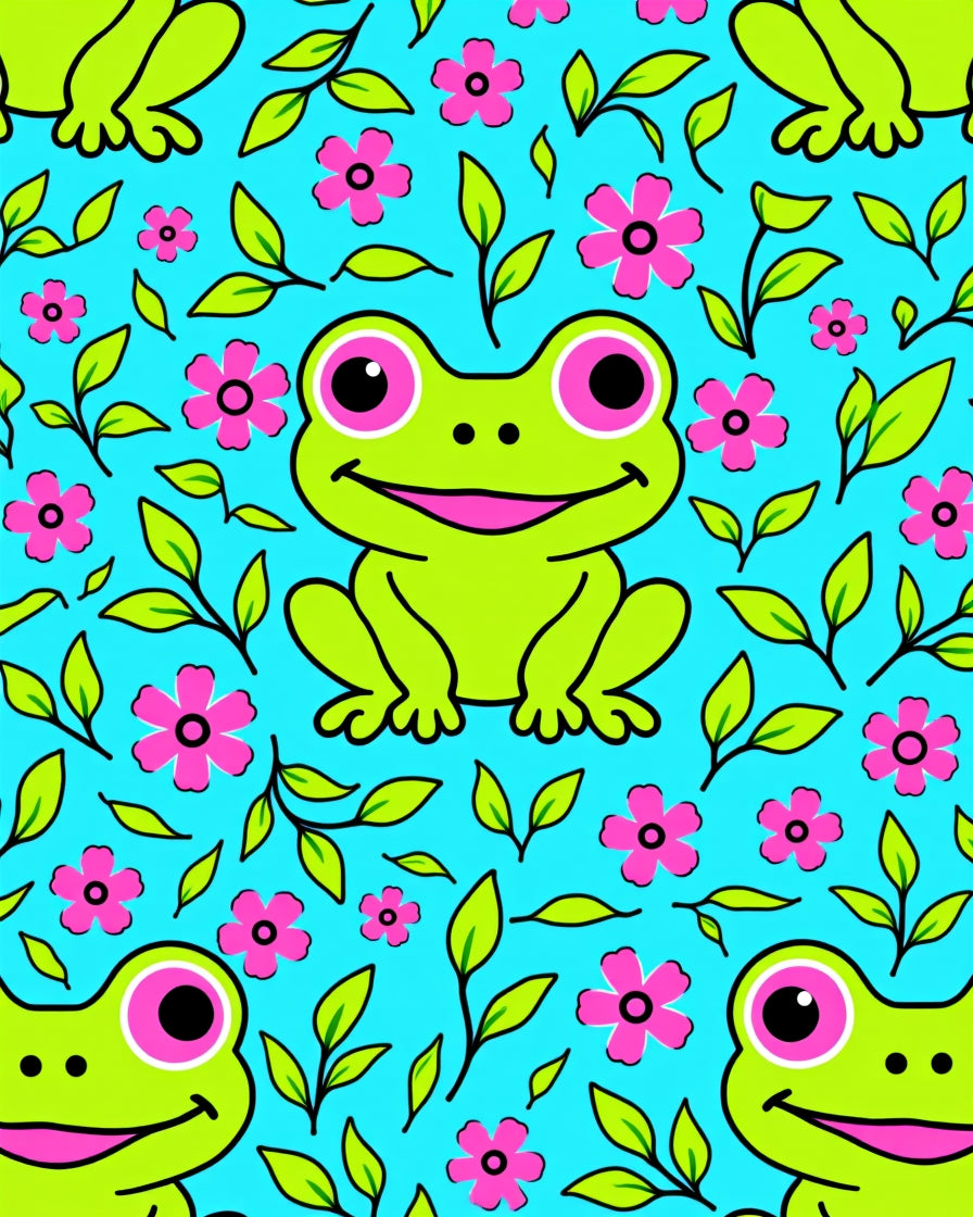 Cheerful Green Frogs Pink Flowers Meadow Rug