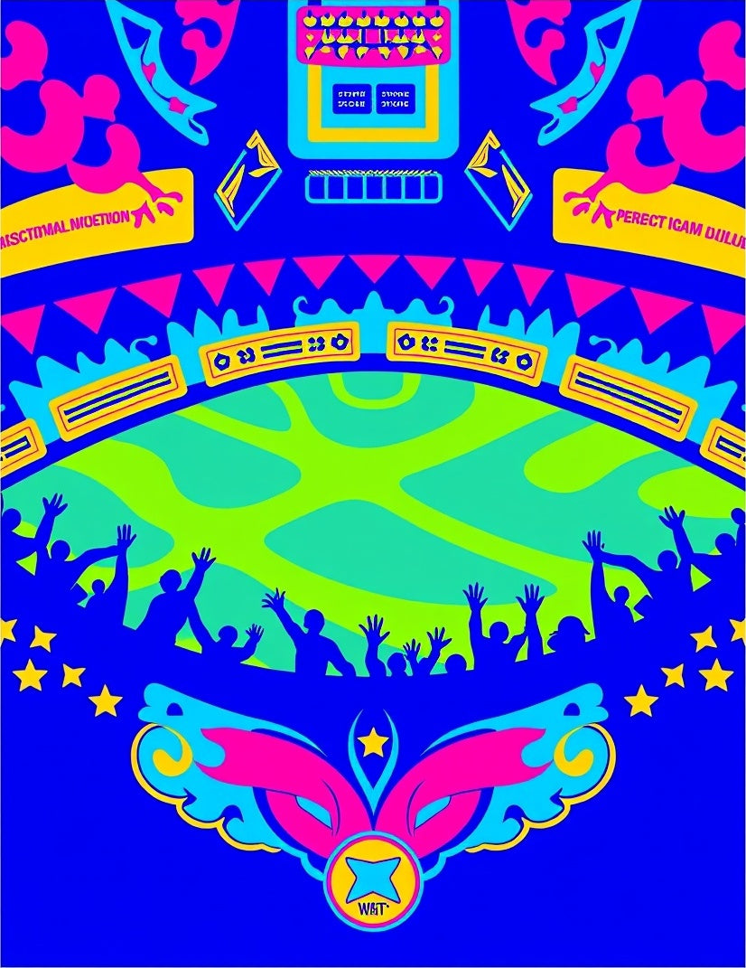 Vibrant Blue Psychedelic Crowd Celebration Rug