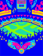 Vibrant Blue Psychedelic Crowd Celebration Rug