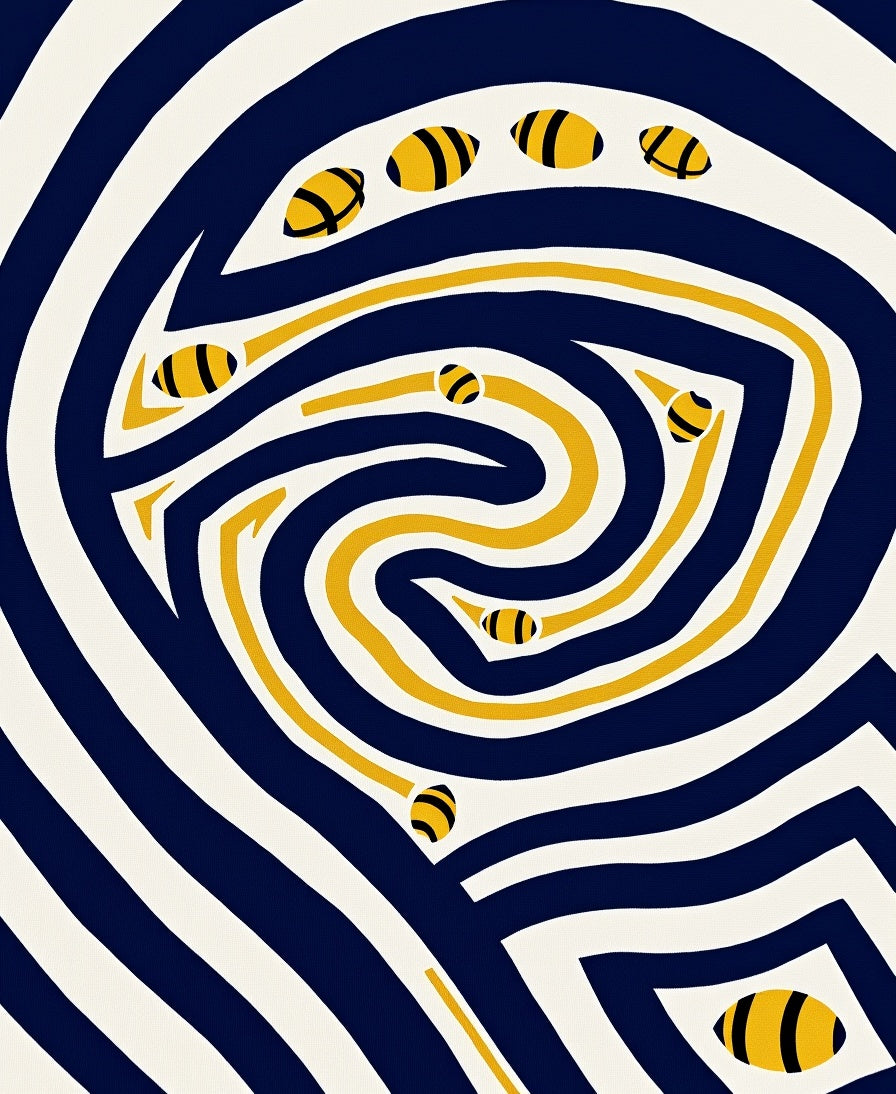 Navy Yellow Swirling Bee Stripe Rug