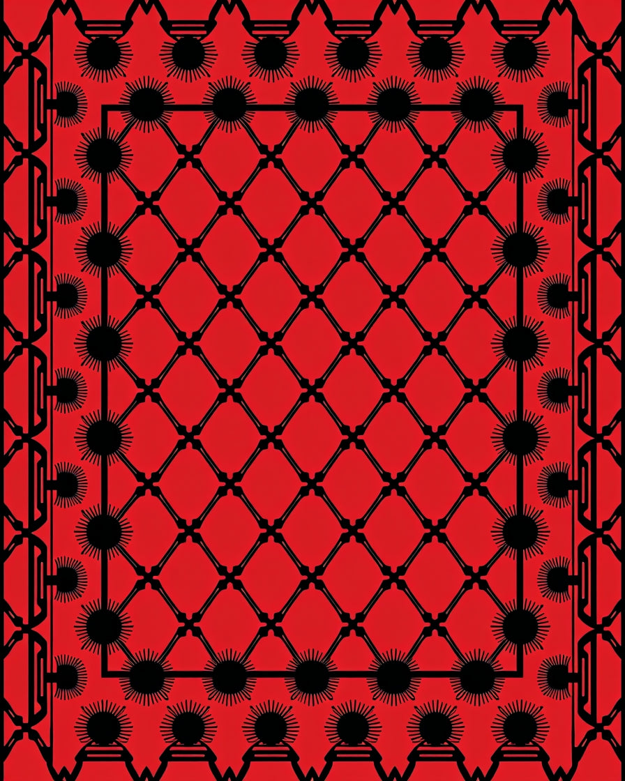 Crimson Black Sunburst Geometric Lattice Rug