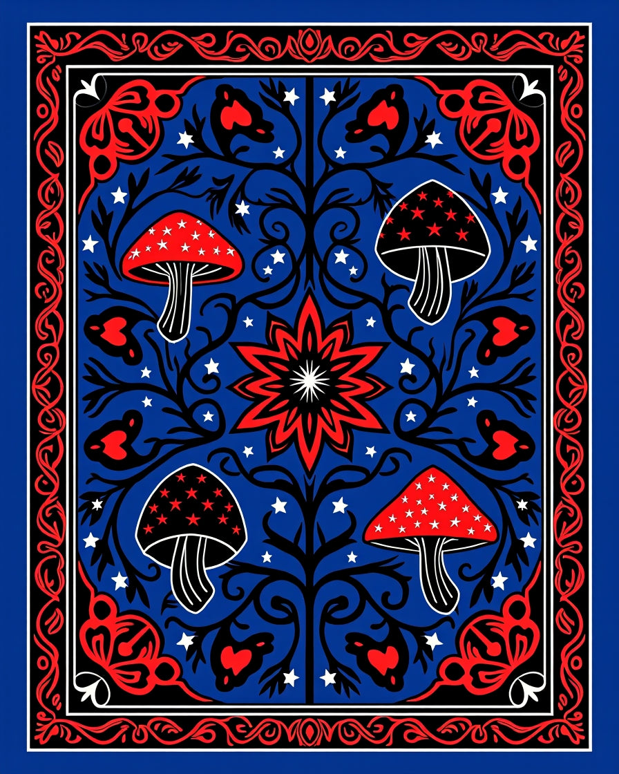 Red Starred Mushroom Forest Border Rug