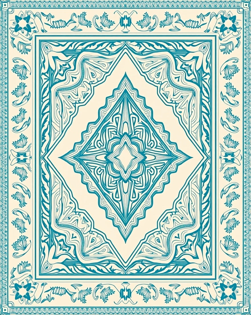 Luminous Teal Diamond Floral Frame Rug