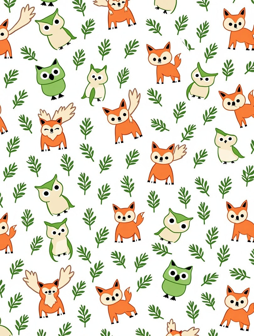 Woodland Foxes Owls Green Foliage Rug
